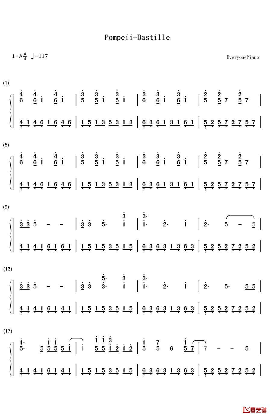Pompeii完整版钢琴简谱-数字双手-Bastille1