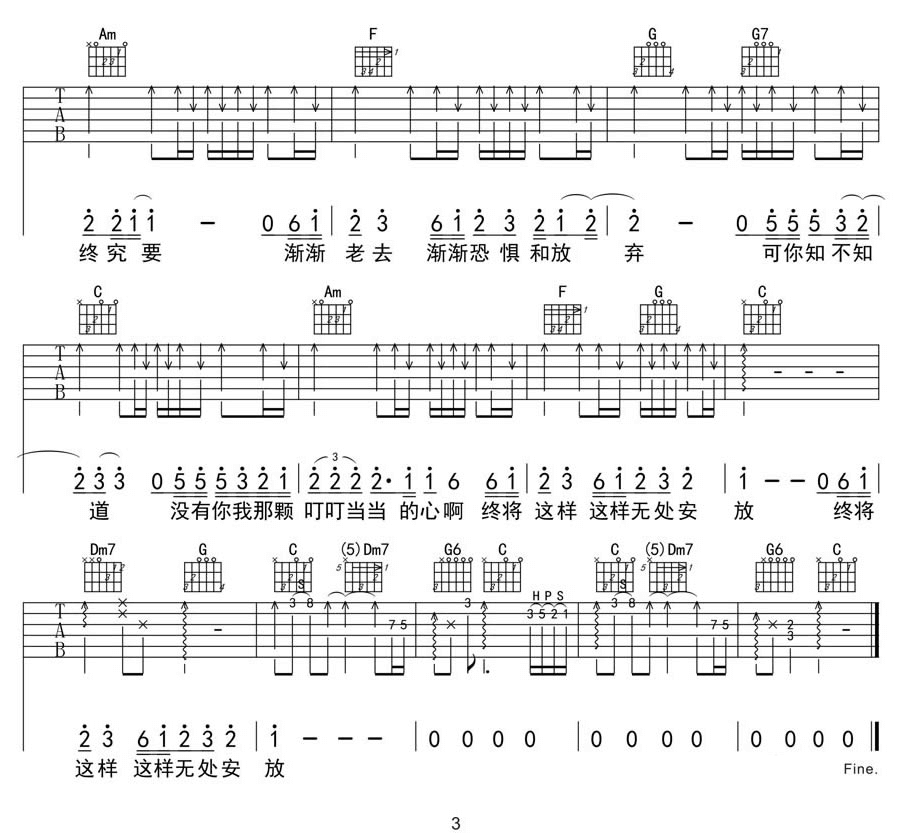《无处安放》吉他谱-汪峰-C调原版弹唱六线谱-高清图片谱1