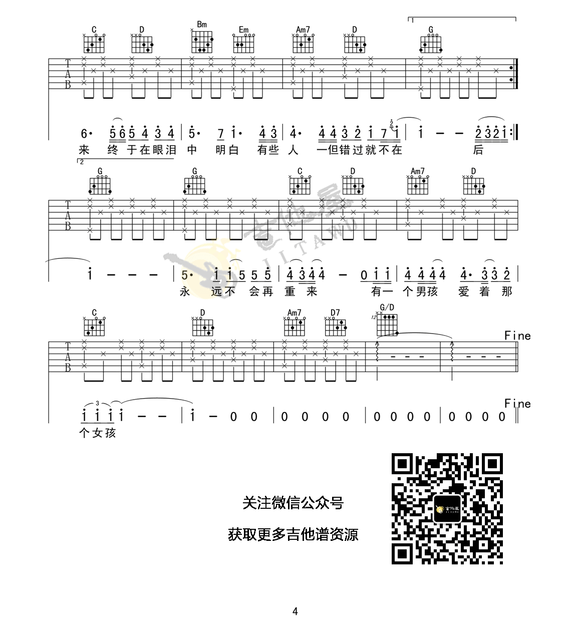 刘若英《后来》G调简单版弹唱吉他六线谱-图片谱-男生版1