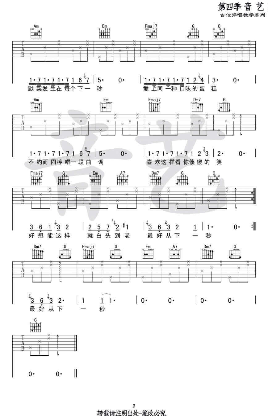 下一秒吉他谱-张碧晨-《下一秒》C调简单版弹唱谱-高清六线谱1