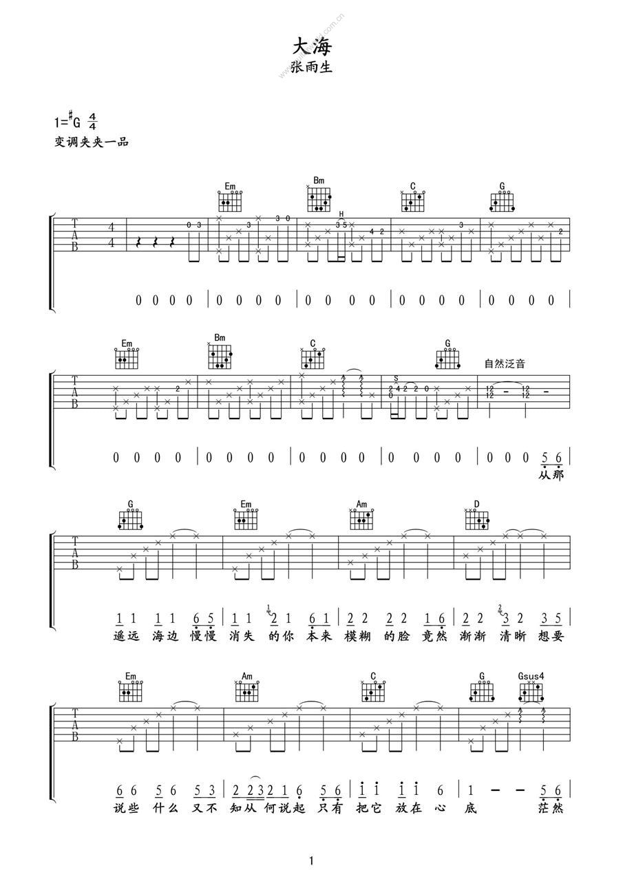 大海吉他谱 G调六线谱-高清版-张雨生1