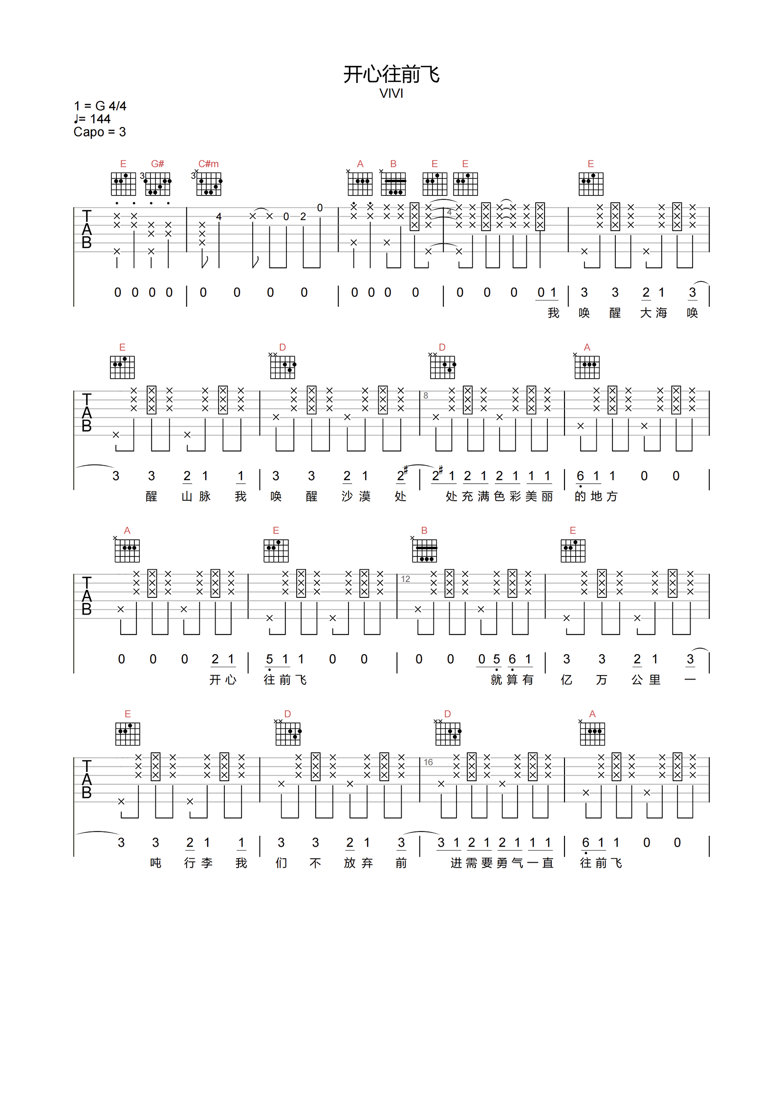 开心往前飞吉他谱-VIVI-G调原版弹唱谱-附PDF图片谱1