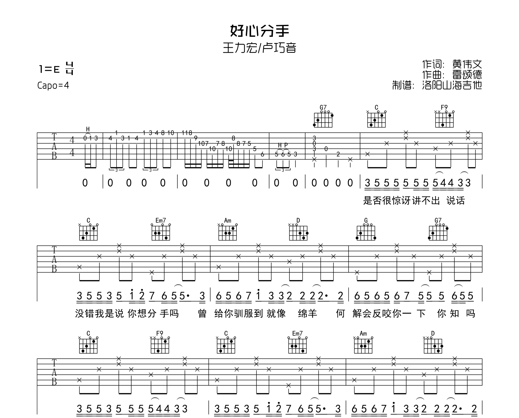 王力宏/卢巧音《好心分手》吉他谱-C调原版弹唱吉他谱1
