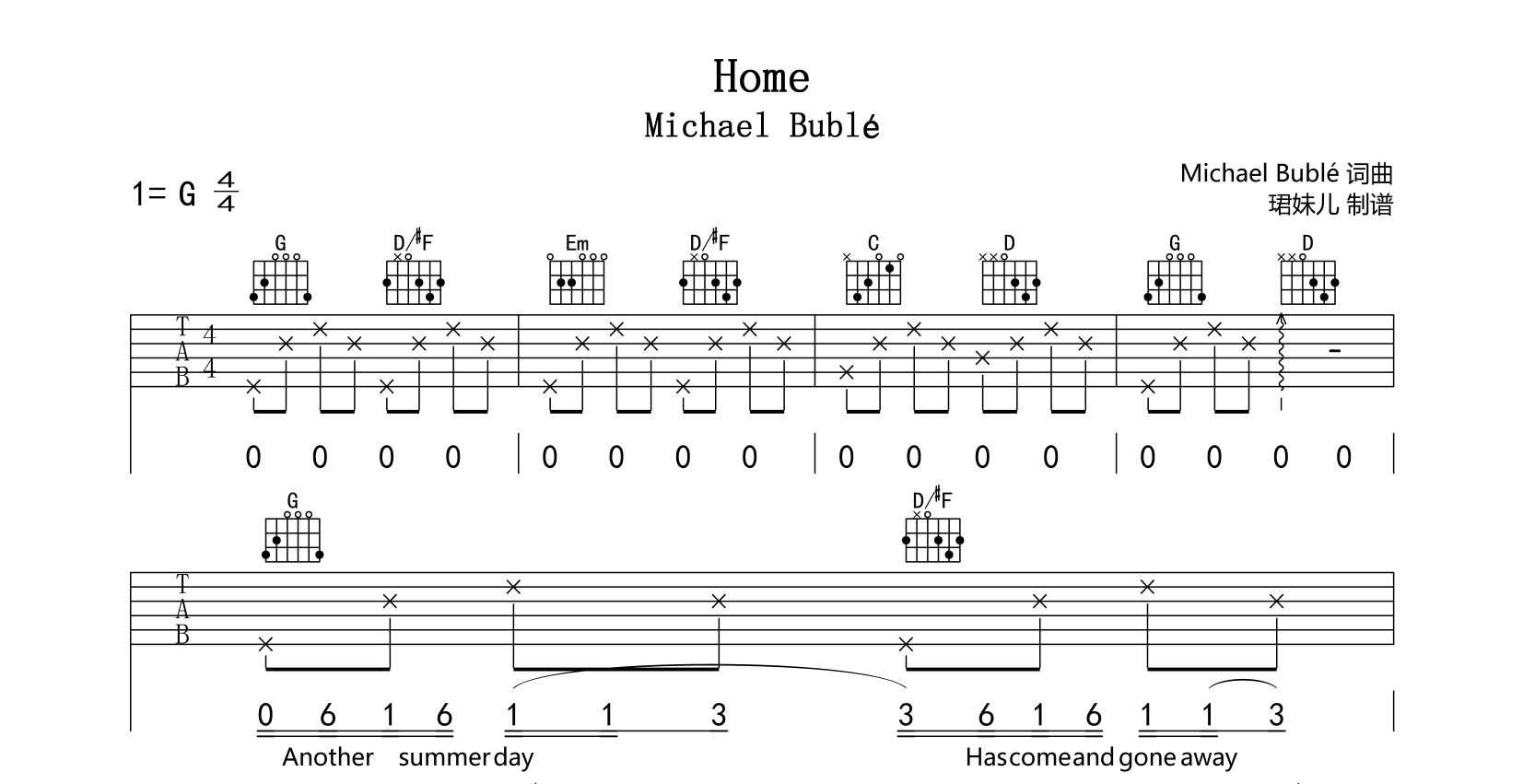 《Home》吉他谱_ Michael Bublé_G调吉他弹唱谱1
