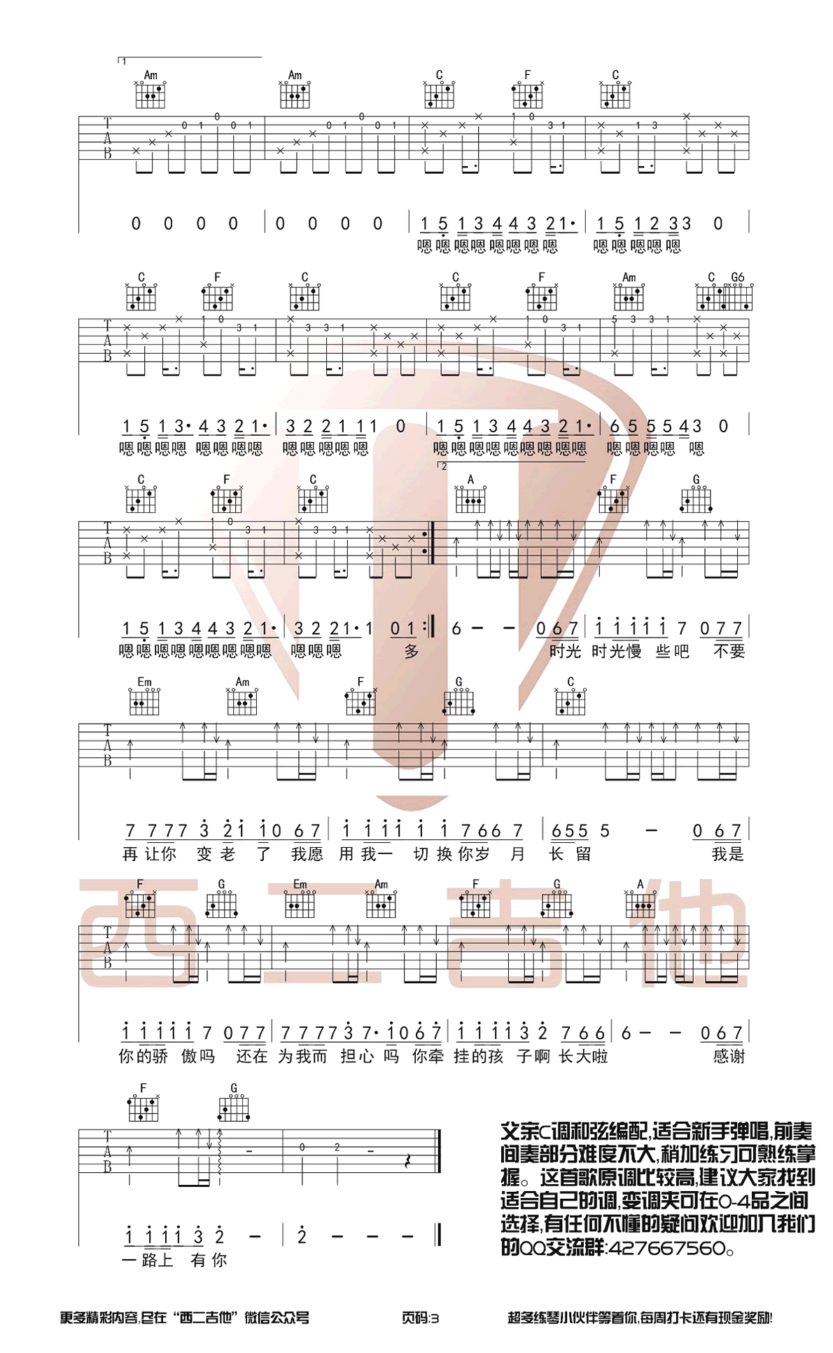 筷子兄弟《父亲》吉他谱-C调简单版-图片谱1