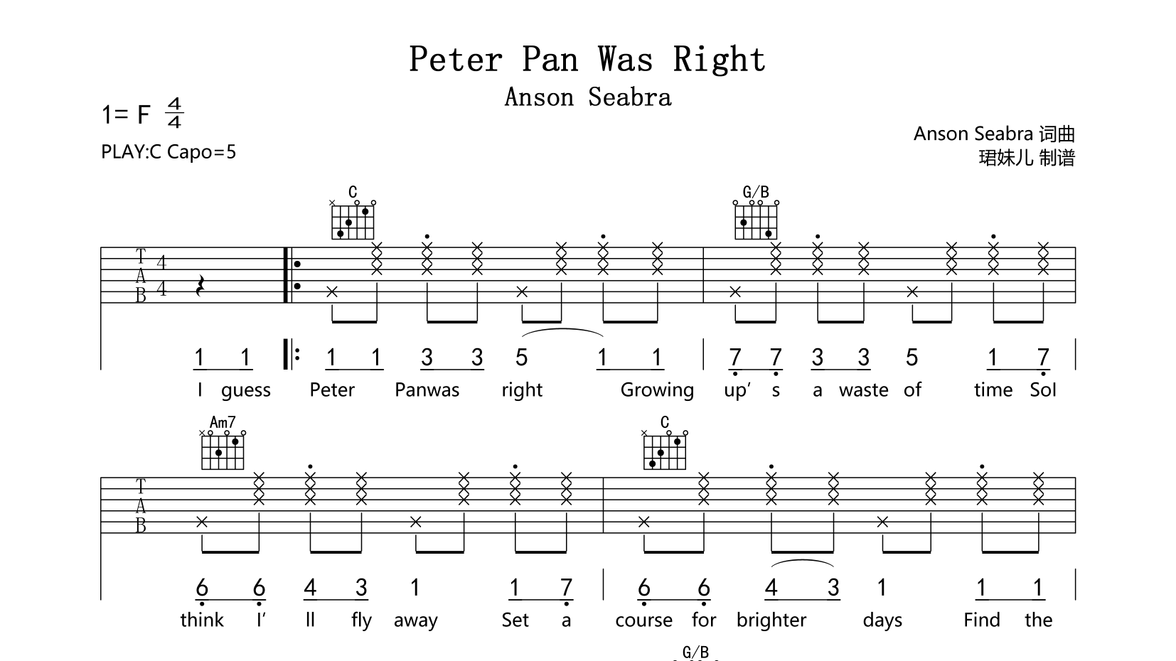 Peter Pan Was Righ吉他谱_Anson Seabra_C调六线谱1