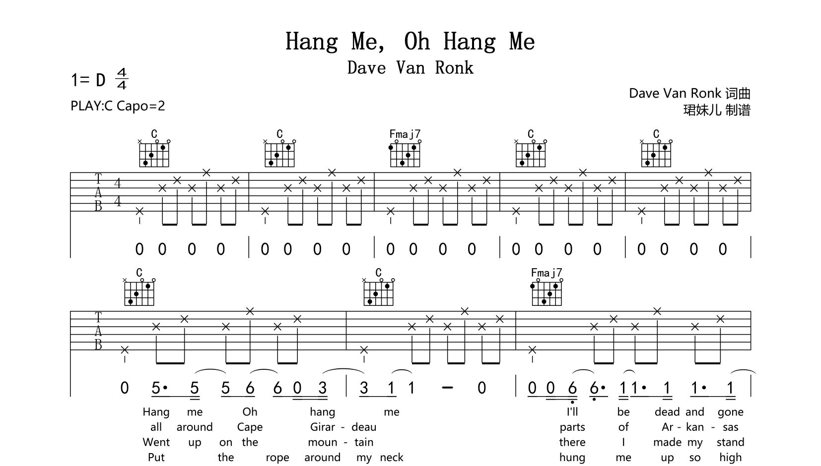 Hang Me Oh Hang Me吉他谱_Dave Van Ronk_C调弹唱六线谱1