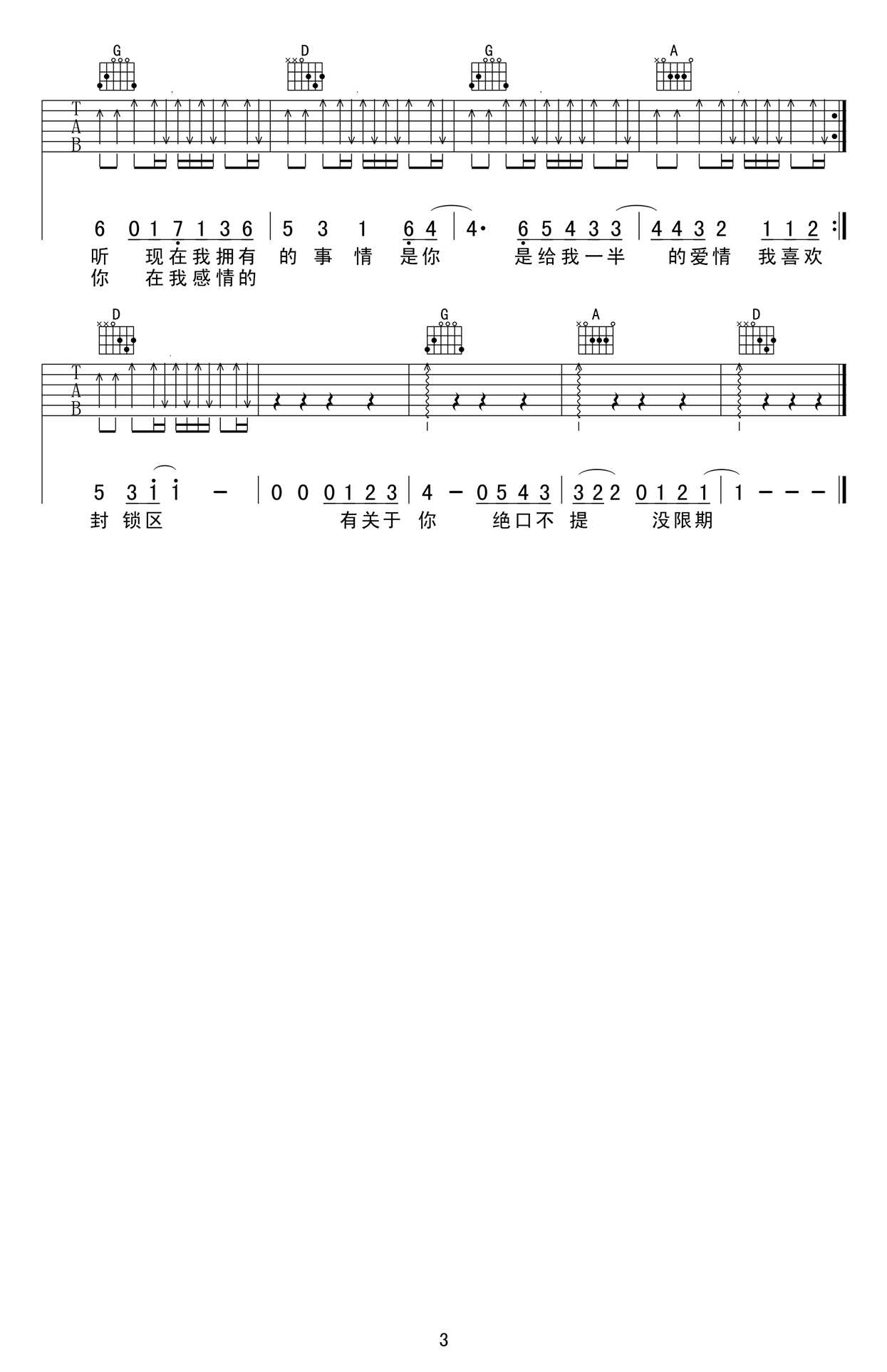 独家记忆吉他谱-C调弹唱谱-陈小春-六线谱高清版3