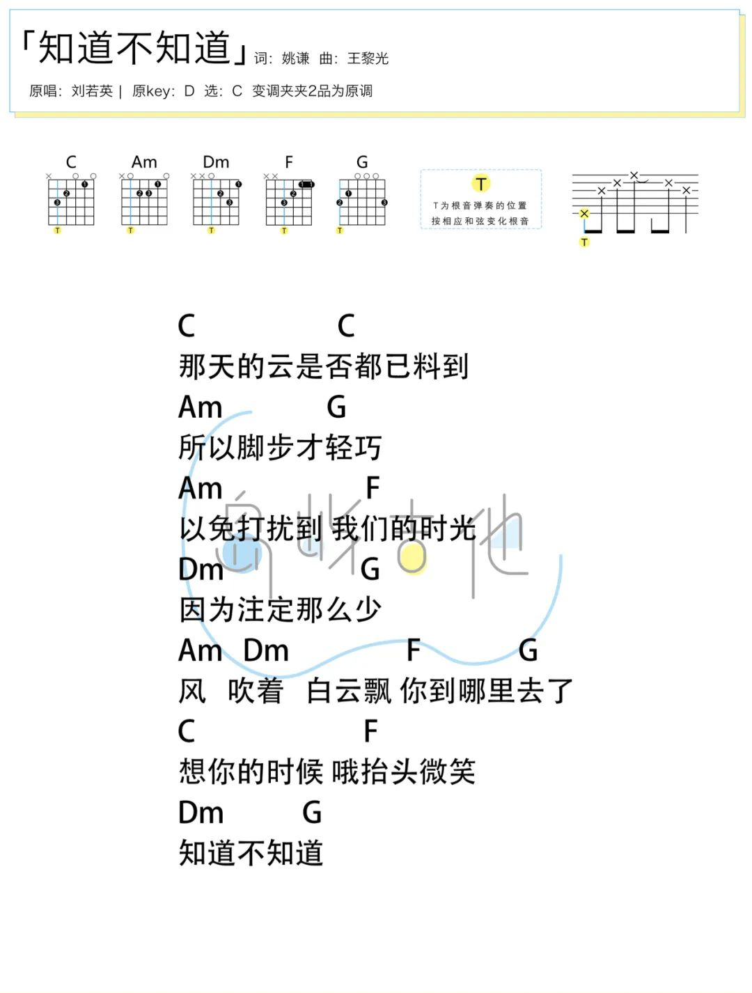 知道不知道吉他谱-刘若英-C调简单版-附PDF图片谱1