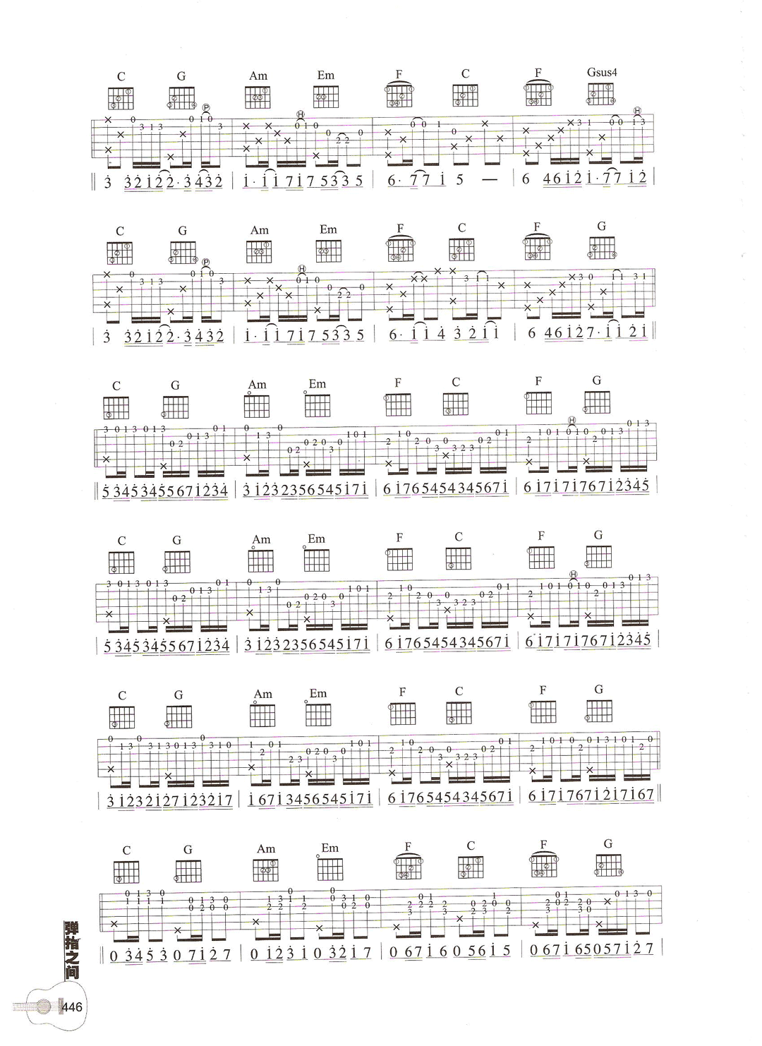 卡农指弹吉他谱_弹指之间版本_C调带和弦_独奏六线谱2