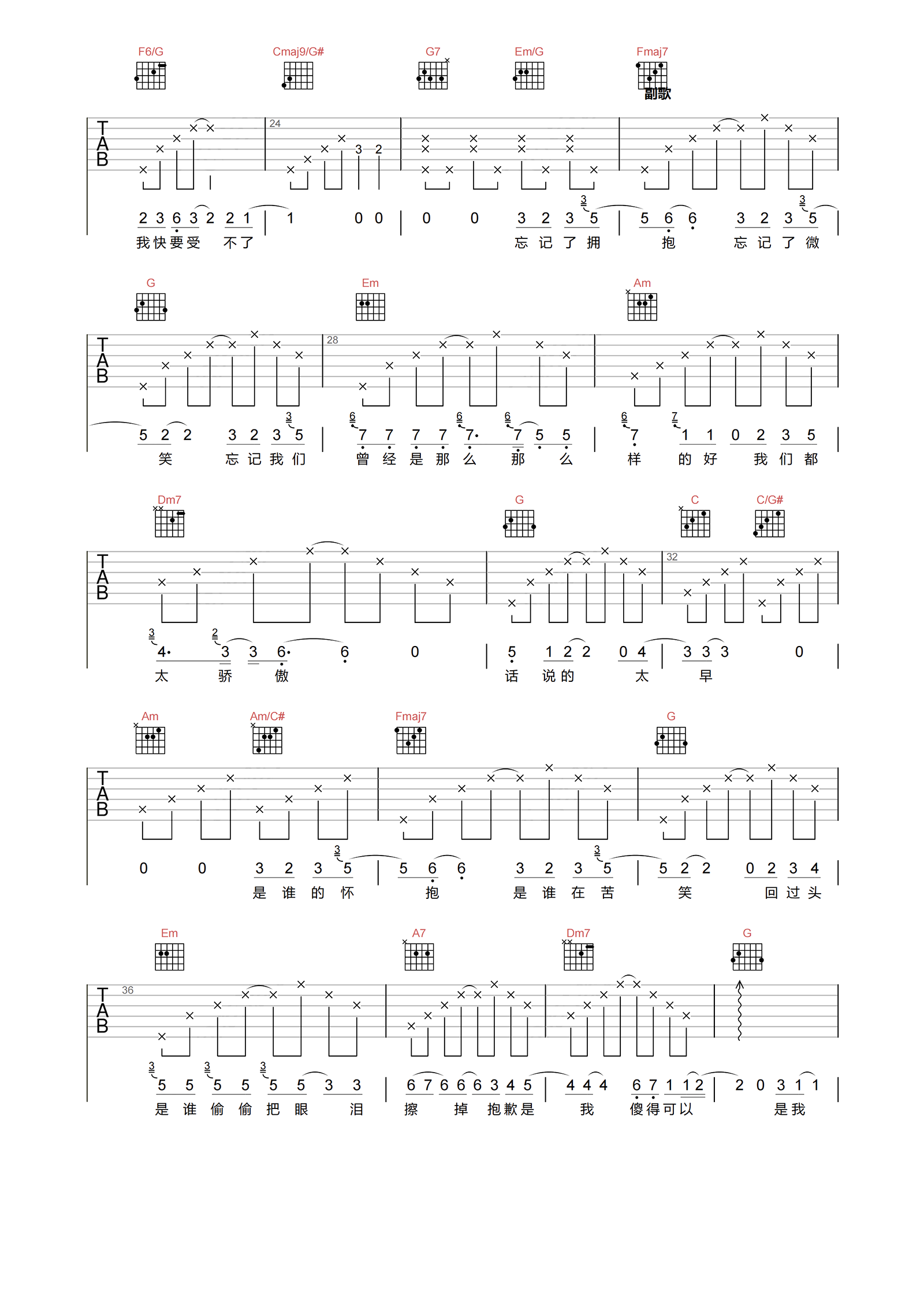 忘记拥抱吉他谱-A LIN-C调原版弹唱谱-附PDF图片谱1