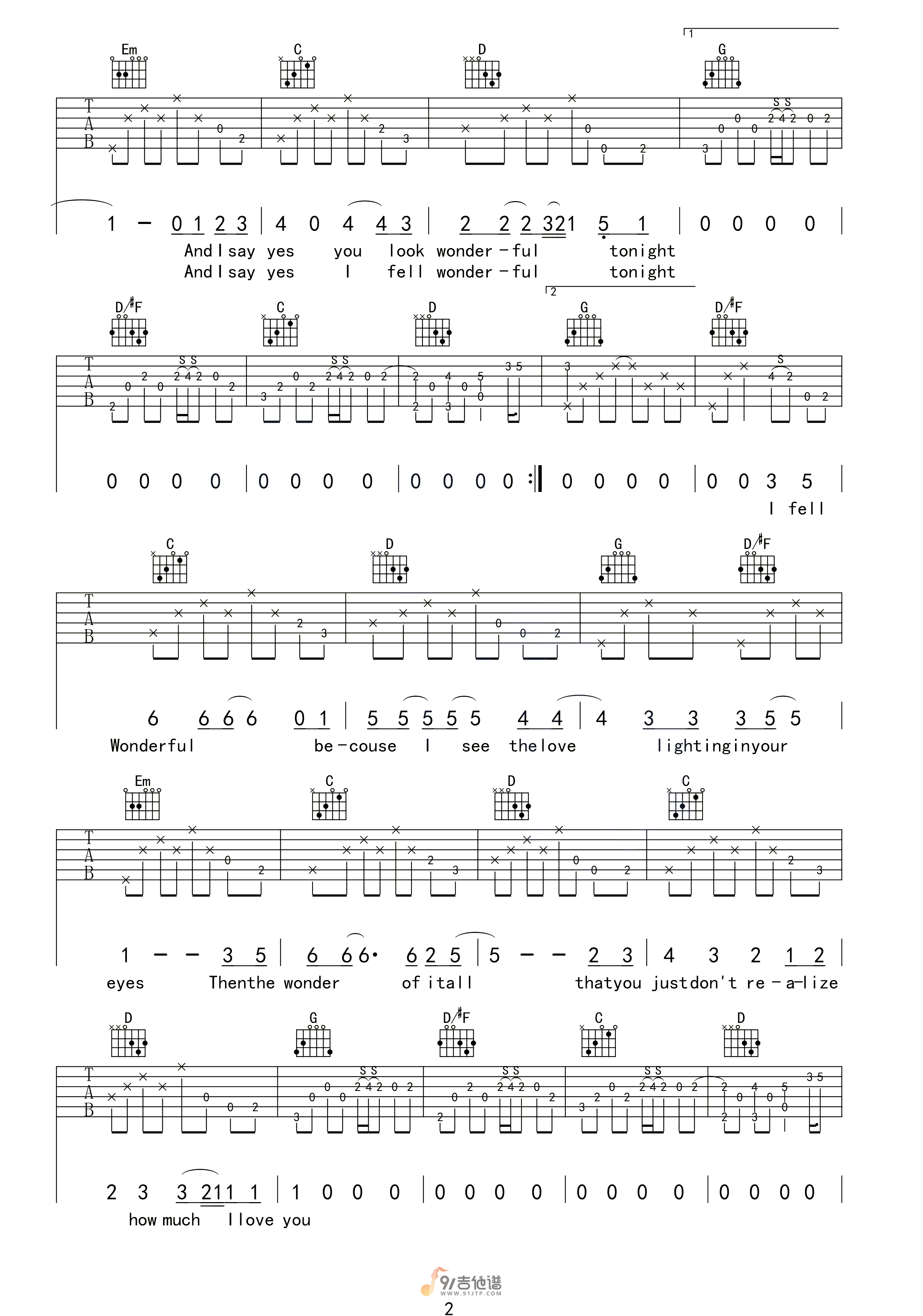 Eric-Clapton《Wonderful Tonight》吉他谱 G调指法原版编配 民谣吉他弹唱六线谱2