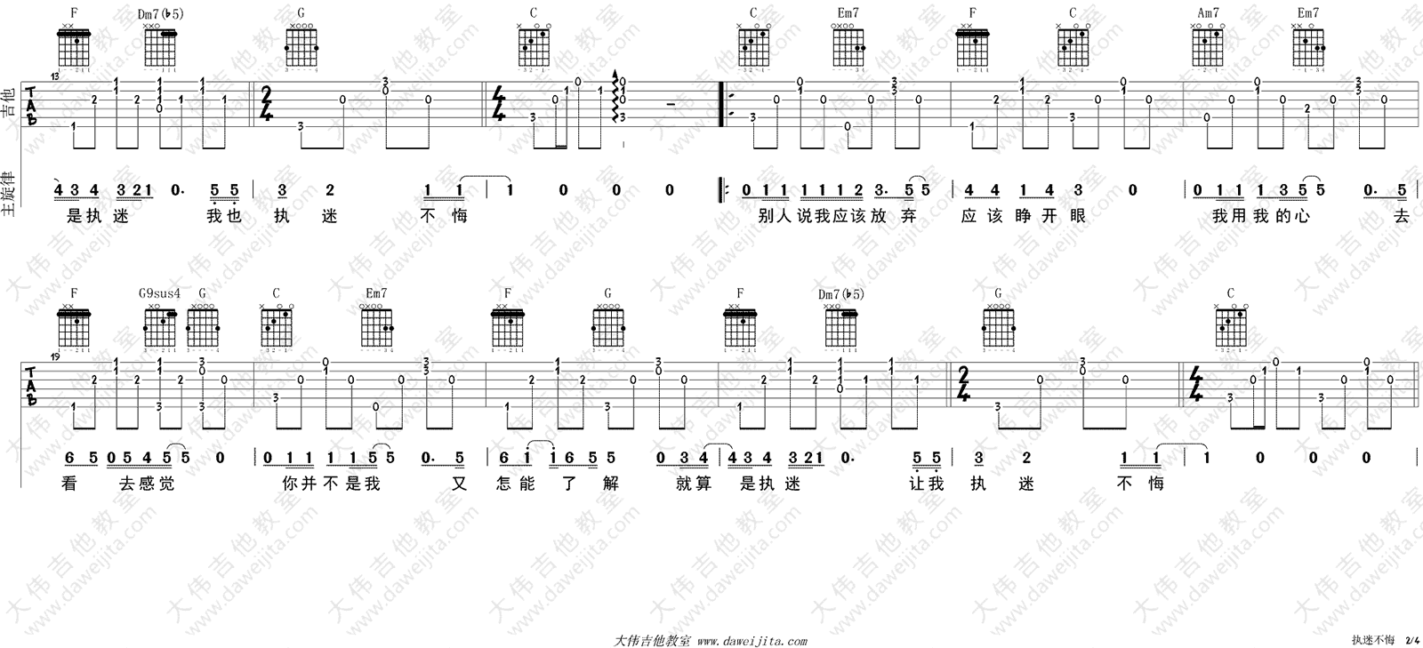 《执迷不悔》吉他谱-王菲-C调原版六线谱-吉他弹唱教学1