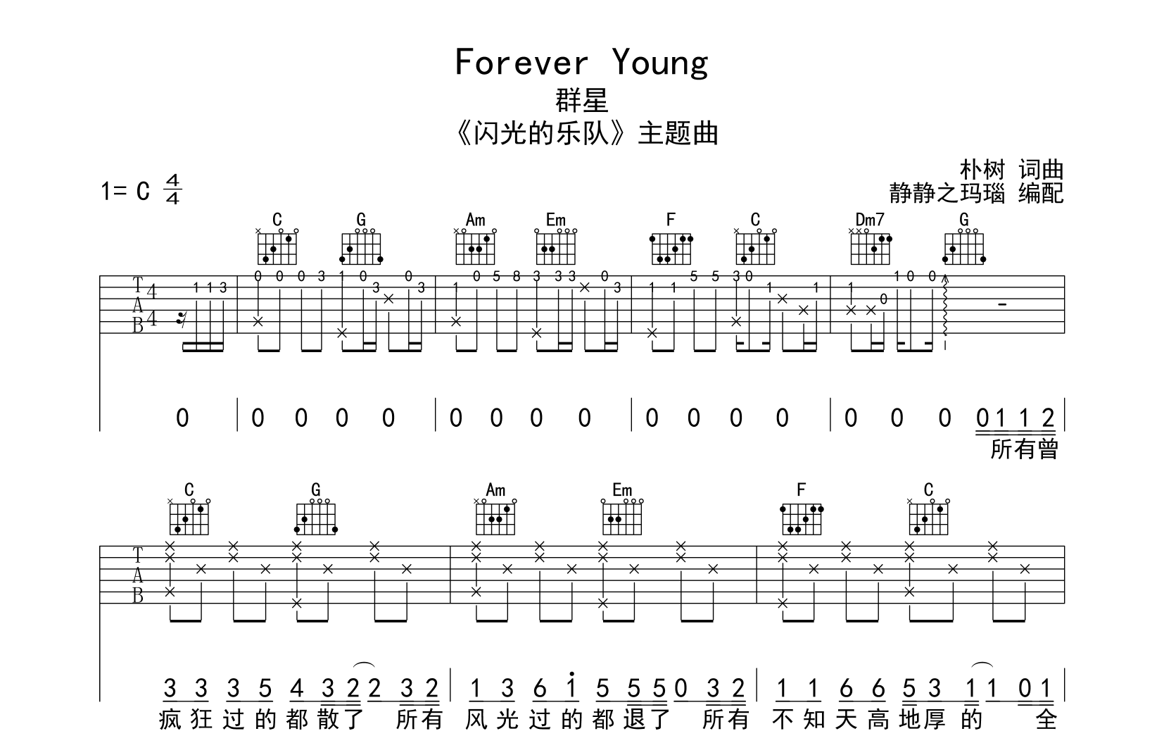 群星《Forever Young》吉他谱_C调原版_《闪光的乐队》主题曲1