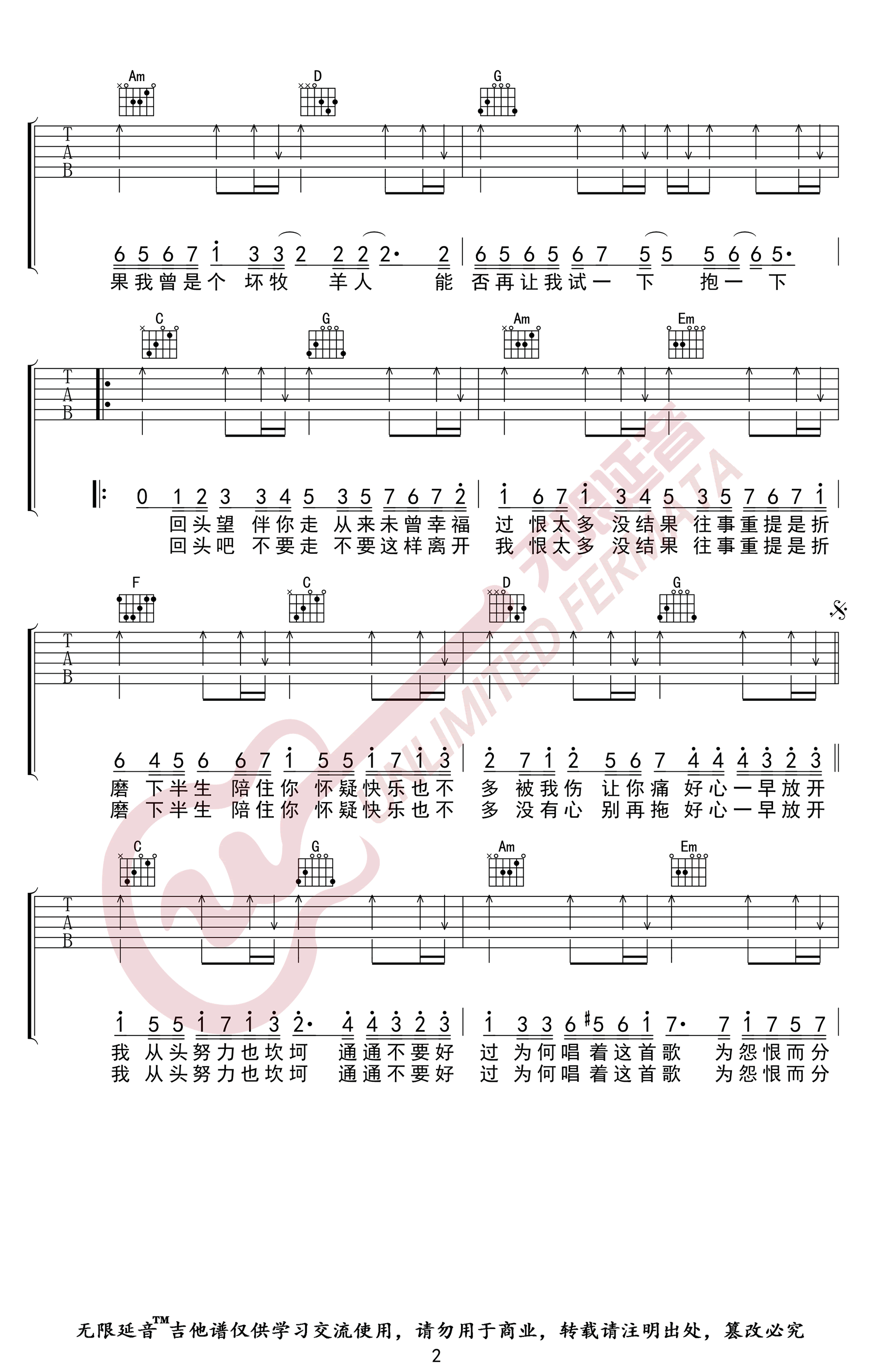 好心分手吉他谱-卢巧音/王力宏-C调-弹唱六线谱1